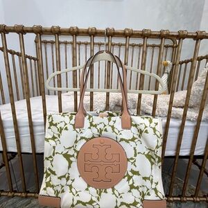 Tory Burch Green and White Vine Tote Bag